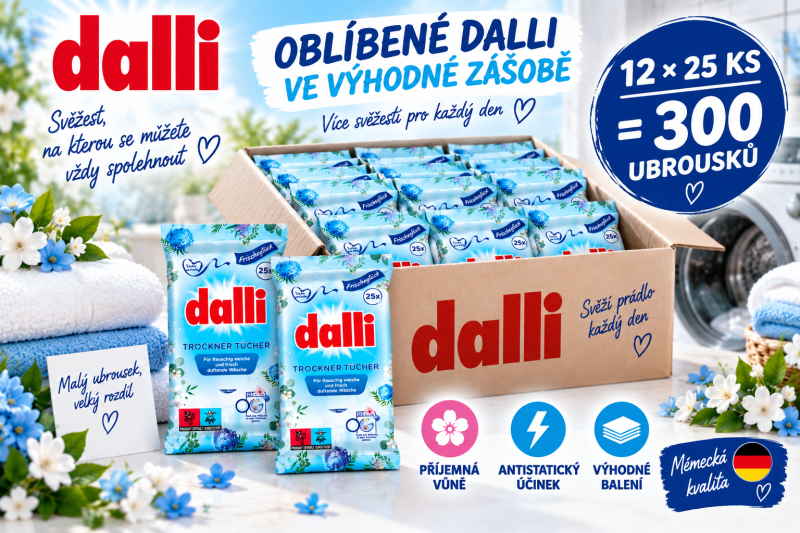 Výhodné kartonové balení Dalli ubrousků do sušičky 12 × 25 ks – celkem 300 ubrousků